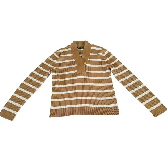 Lauren Ralph Lauren Sweater Womens Size XL Striped Brown White Button Accent - Picture 4 of 12